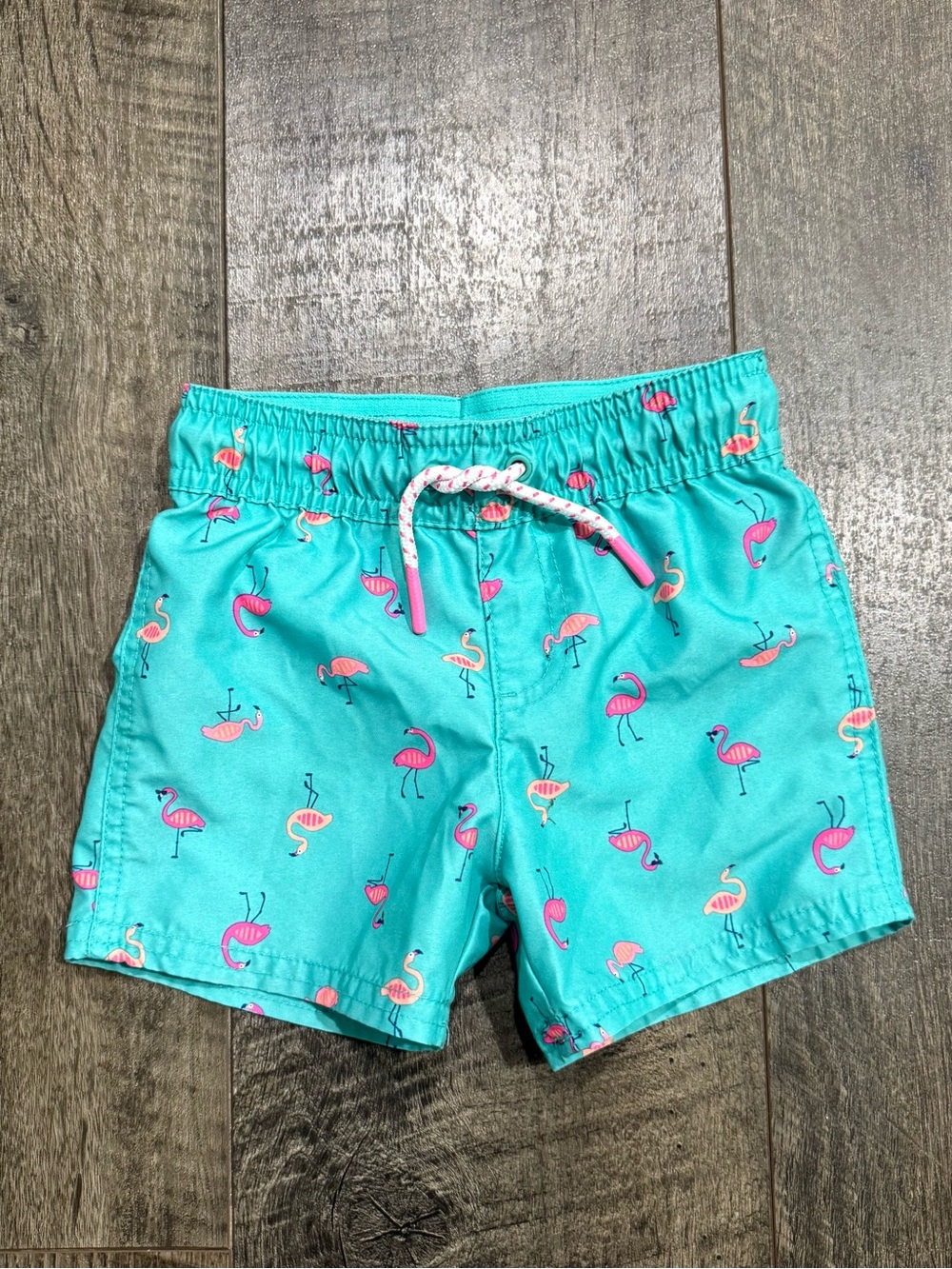 Toddler Boys Swim Trunks 2T Aqua Teal Blue with Neon Pink Flamingos